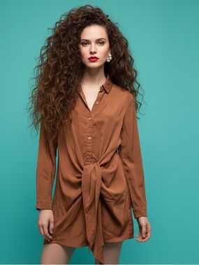 Bella Amore Tie-Front Mini Shirt Coffee Brown Dress Size S